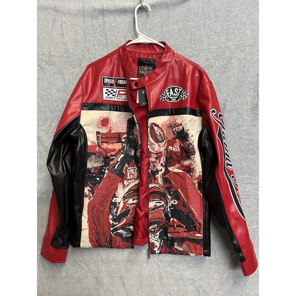 Copper Rivet Mens Red Faux Leather Racing Jacket Grand Prix Speed Freak L NWT